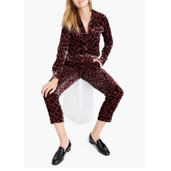 J. Crew Leopard Print Velvet High Rise Pull On Easy Pant Rose 6P